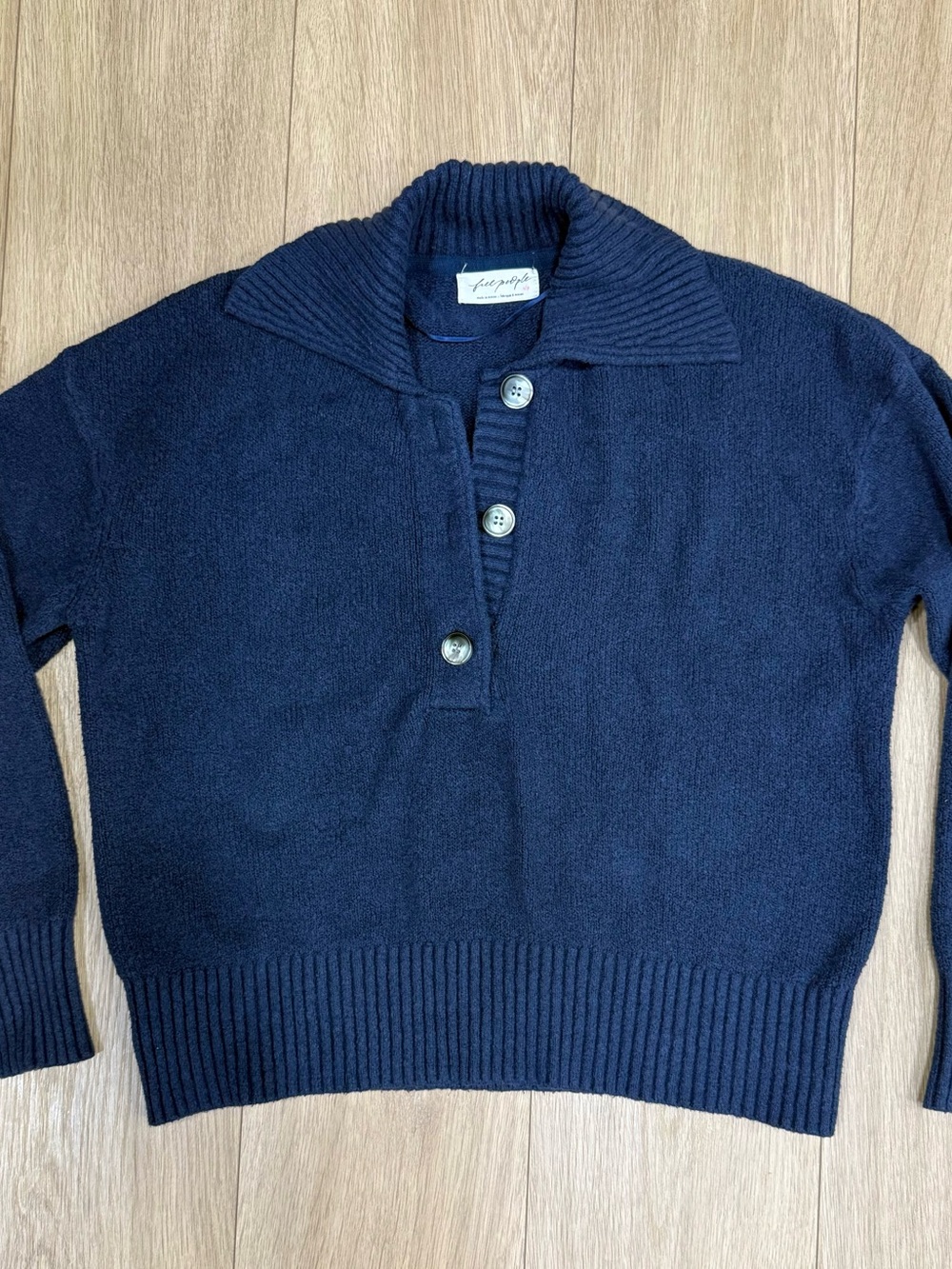 Free People Navy Blue Henley Pullover Sweater Size M Oversized